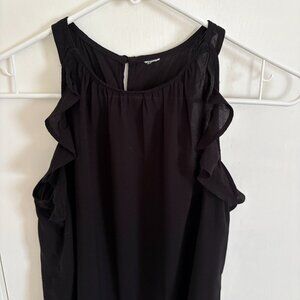 Ruffle Sleeve Pleated Collar Dressy Racerback Black Tank Top Size Small